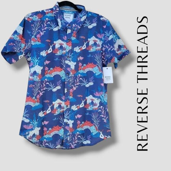 Reverse Threads Men’s Scuba Reef Print Navy Button-Down Shirt Small Cotton New - Picture 6 of 6